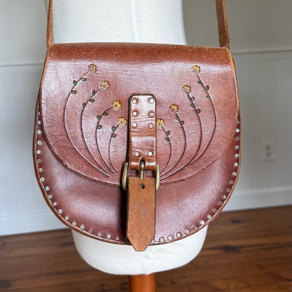 Brown Leather Floral Embroidered Crossbody Bag